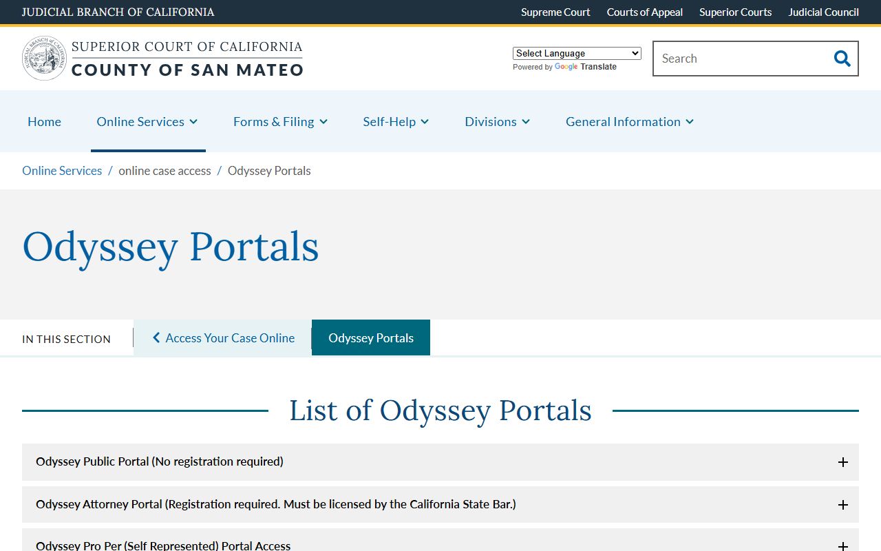 San Mateo County court dockets Odyssey portal explanation