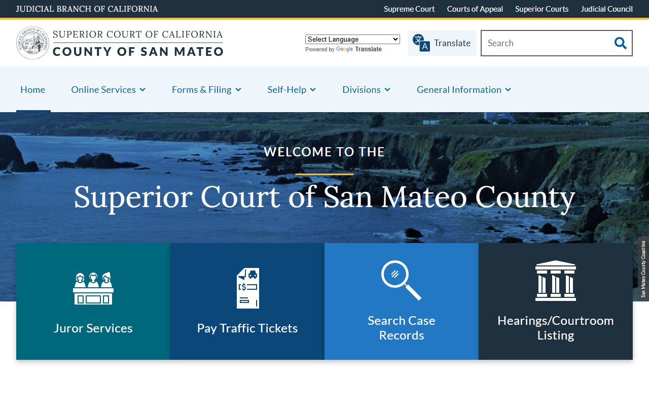 San Mateo County Superior Court home page with court records search links