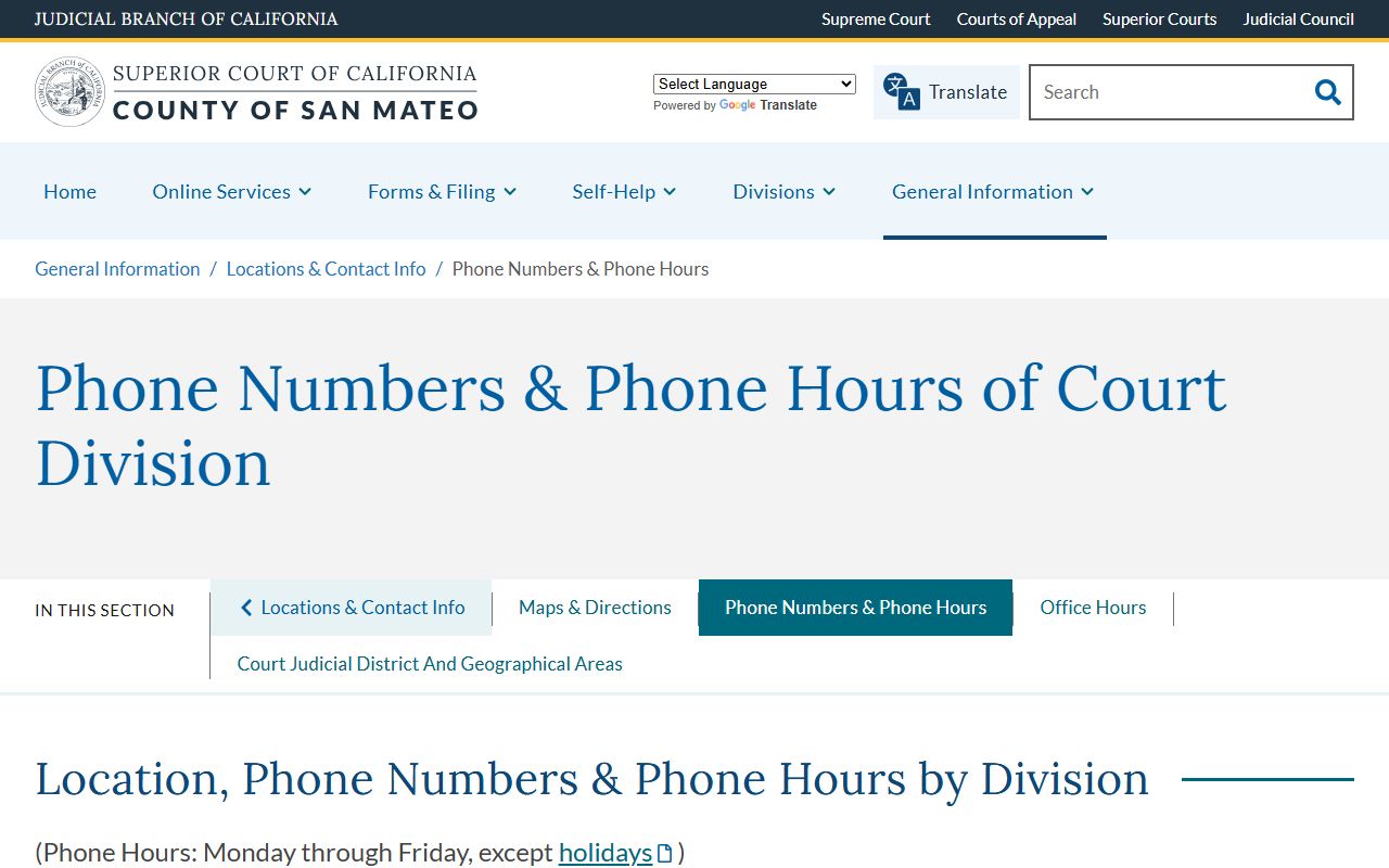 San Mateo County Superior Court division phone hours official page