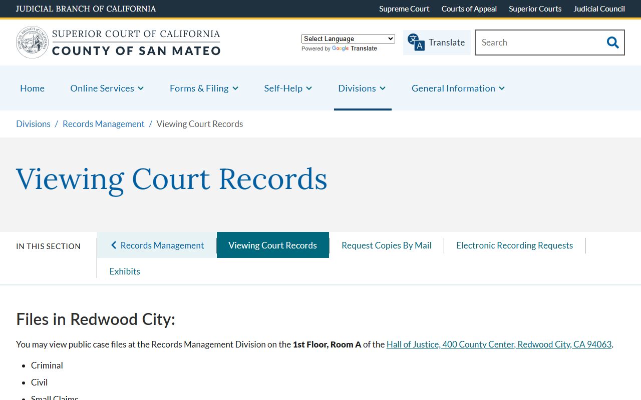 San Mateo County Superior Court records viewing rules for court records