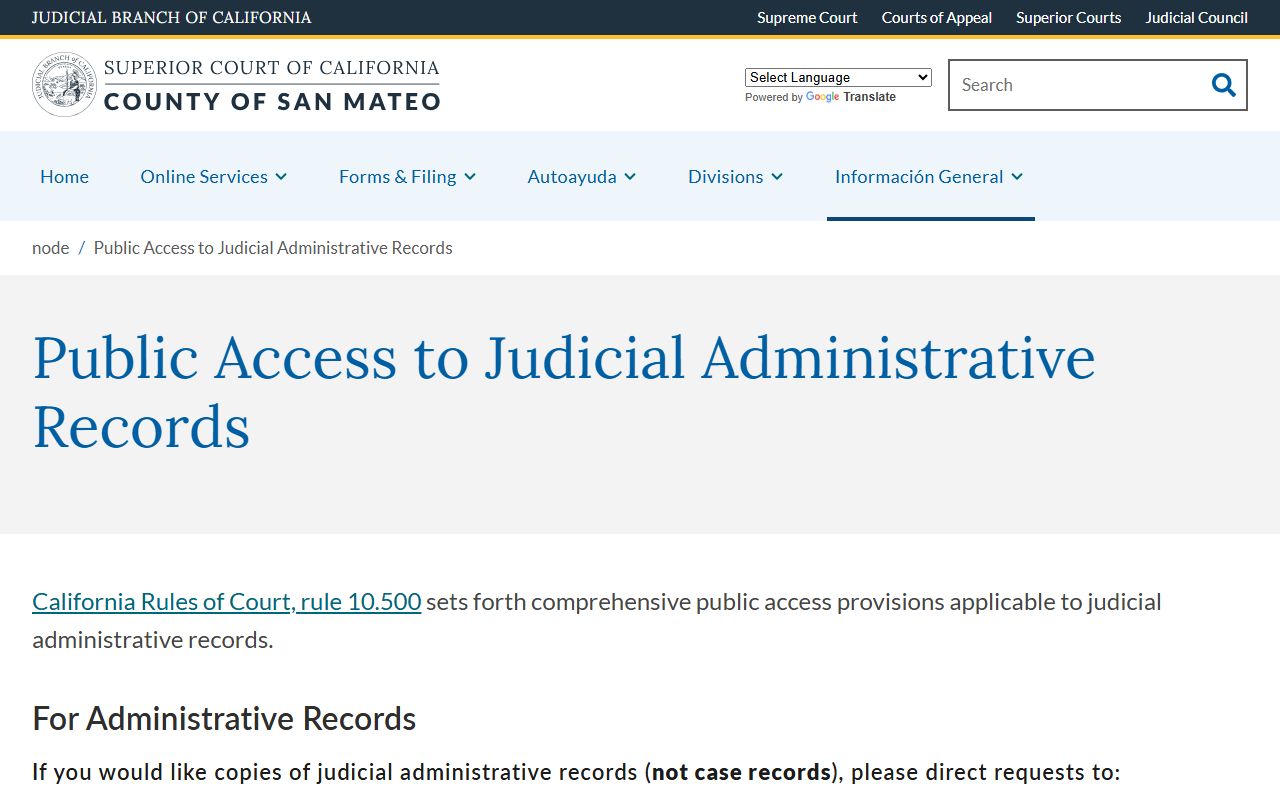 San Mateo County public records judicial administrative records rule 10.500 page screenshot
