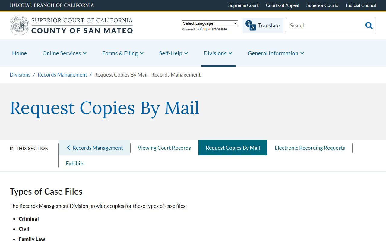 San Mateo County court clerk copy by mail records request page