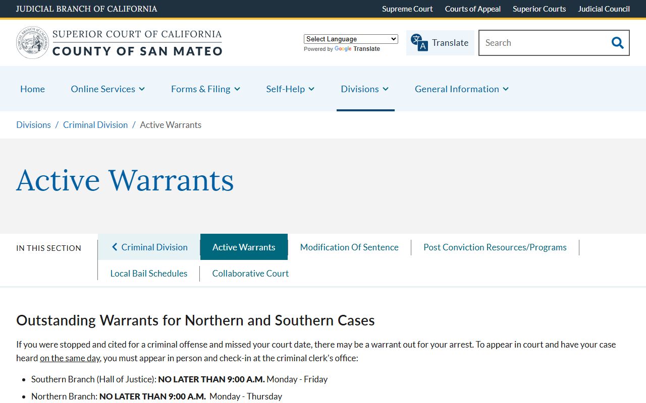 San Mateo County warrant records active warrants page