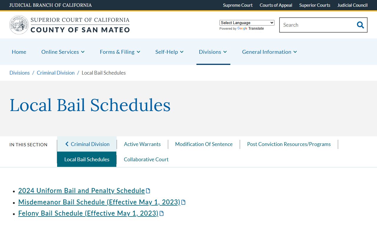 San Mateo County warrant records bail schedule page