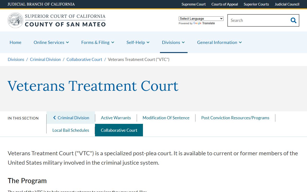 San Mateo County Veterans Treatment Court page used for criminal court records
