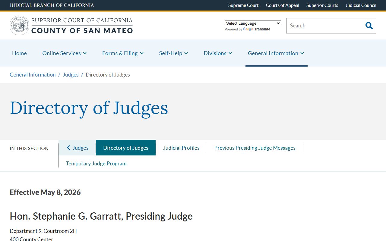 San Mateo County Superior Court judges directory used for court records lookup