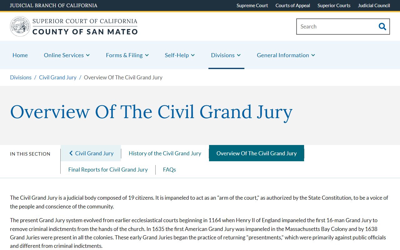 San Mateo County court dockets Civil Grand Jury overview