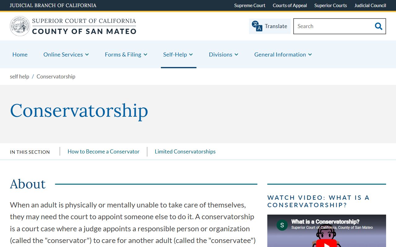 San Mateo County official conservatorship self-help entry for probate records