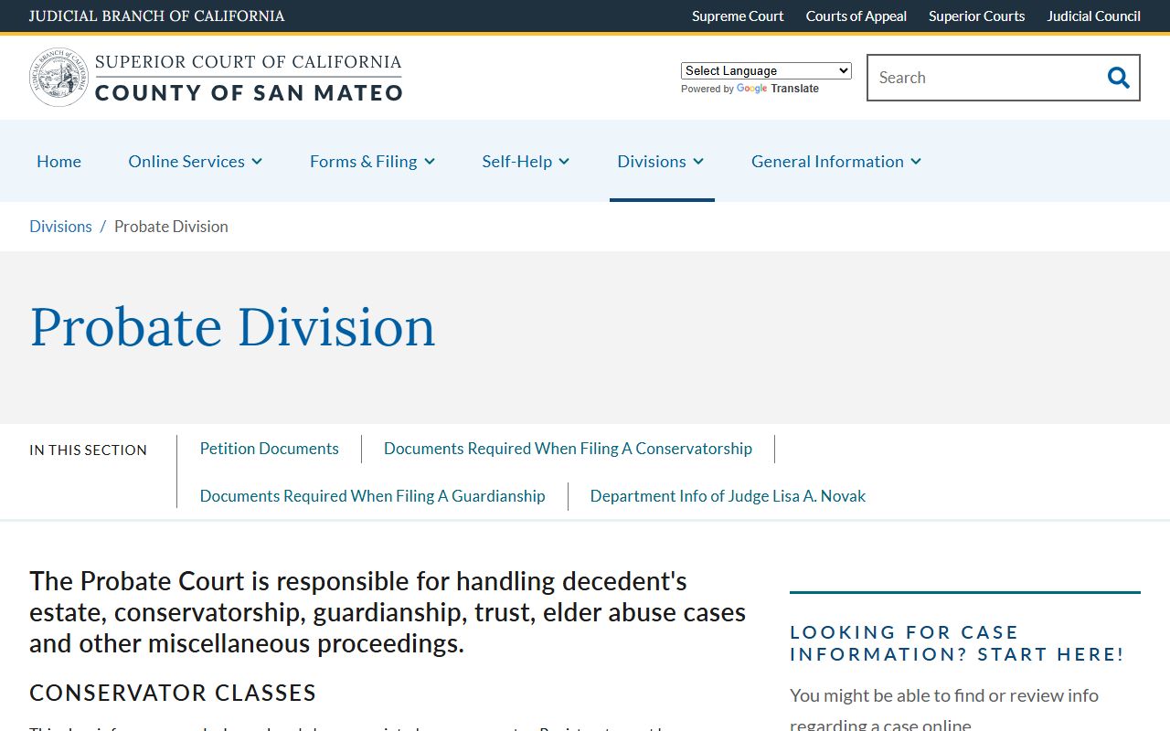 Official San Mateo County Probate Division page and probate records resources
