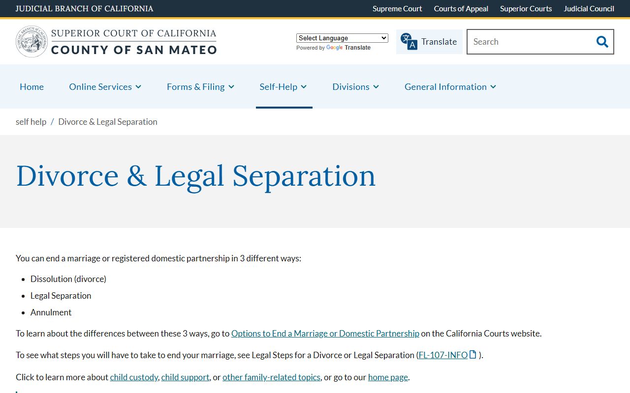 San Mateo County divorce records self-help page from the Superior Court
