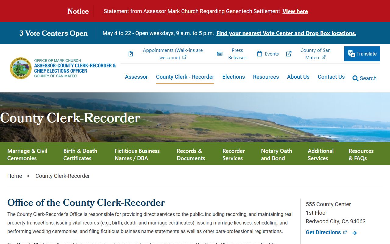 San Mateo County public records Clerk-Recorder home page screenshot