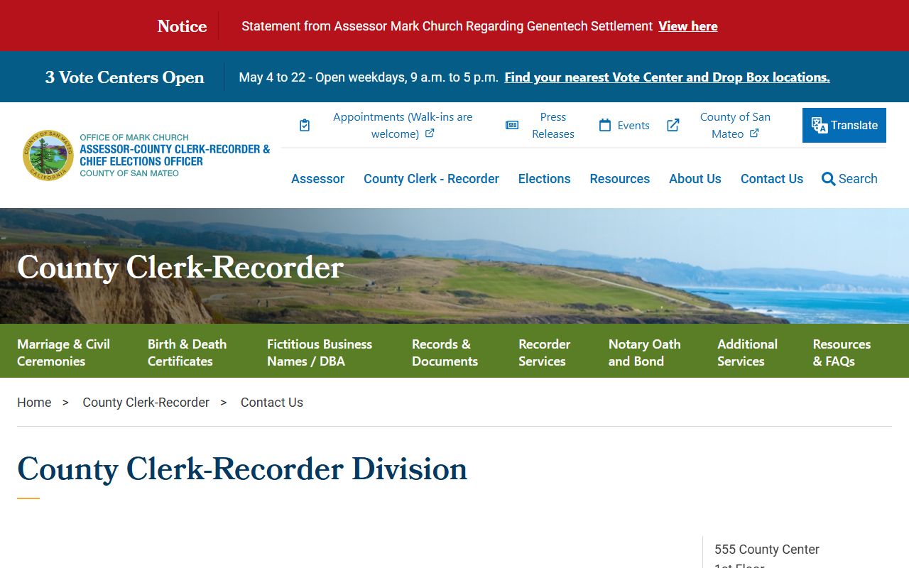 San Mateo County Clerk-Recorder office location and hours for records
