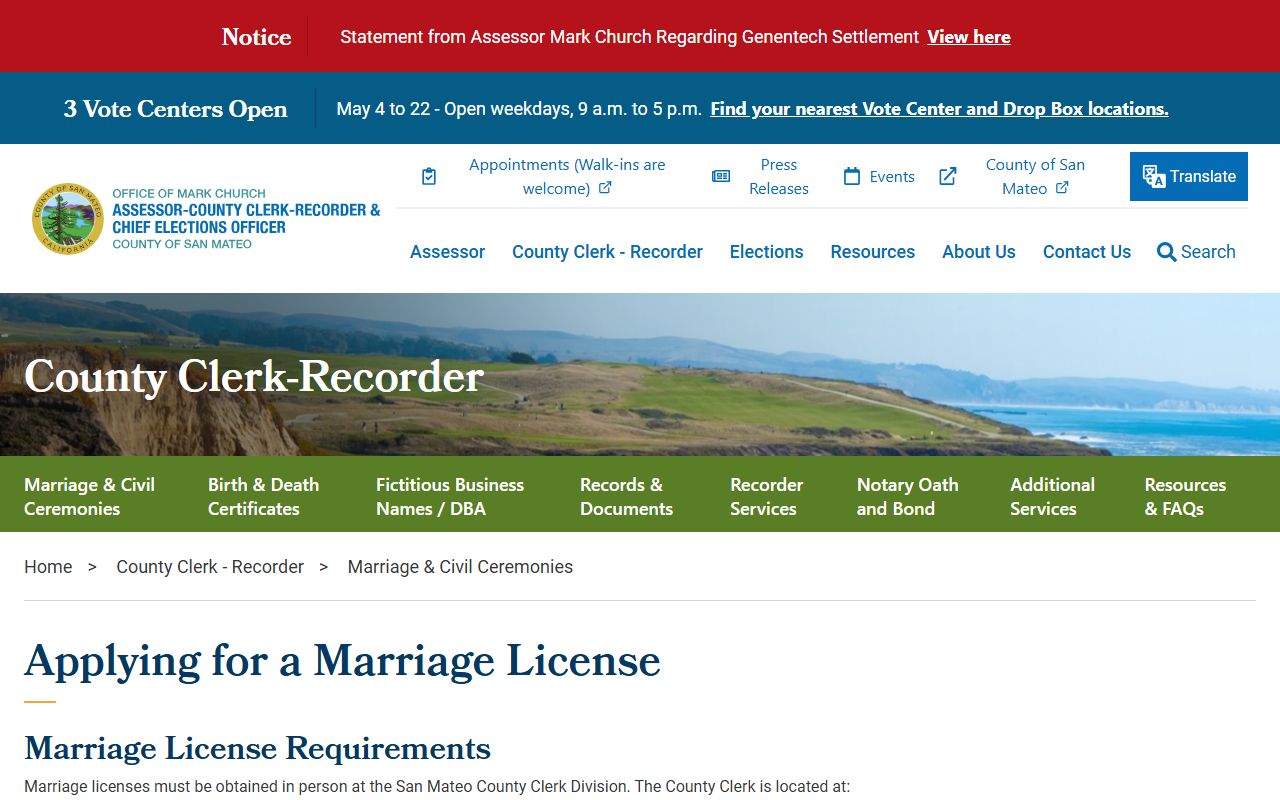 San Mateo County marriage records license application page from the Clerk-Recorder