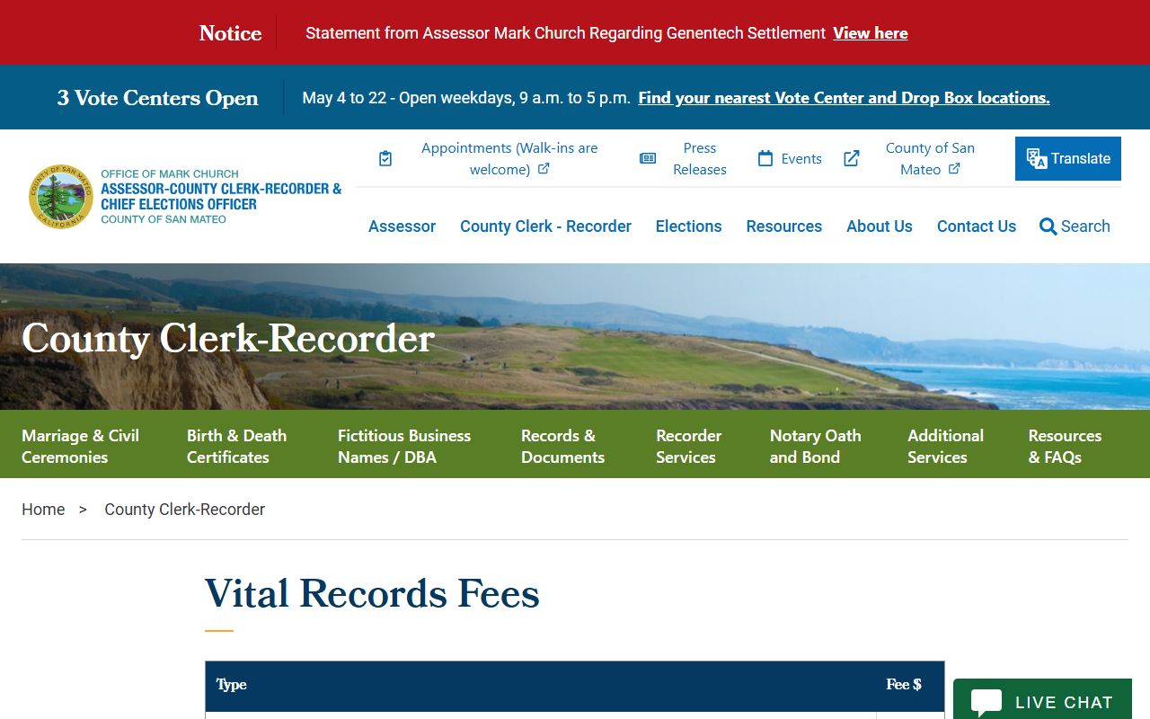 San Mateo County marriage records vital fee schedule from the Clerk-Recorder