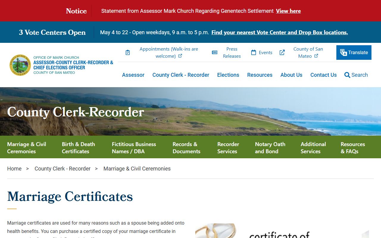 San Mateo County marriage records certificate page with mail and walk-in instructions