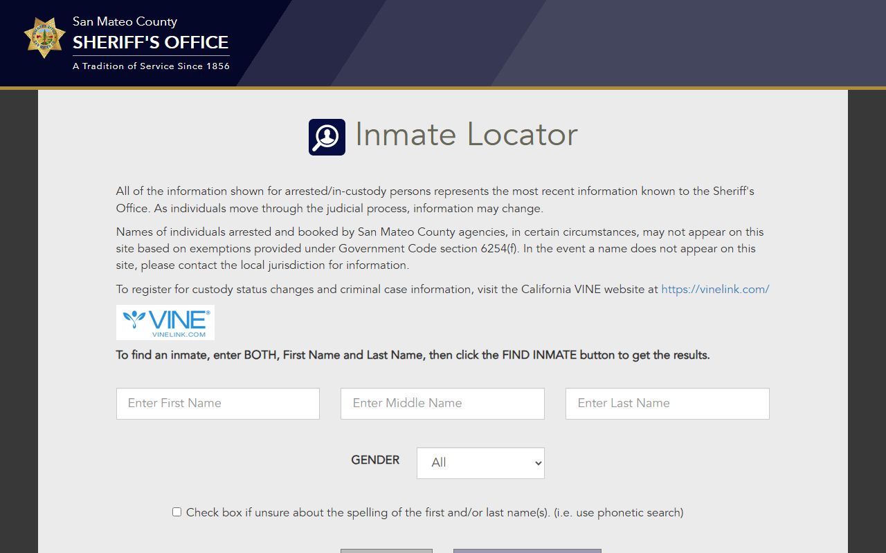 San Mateo County released inmate locator search page screenshot