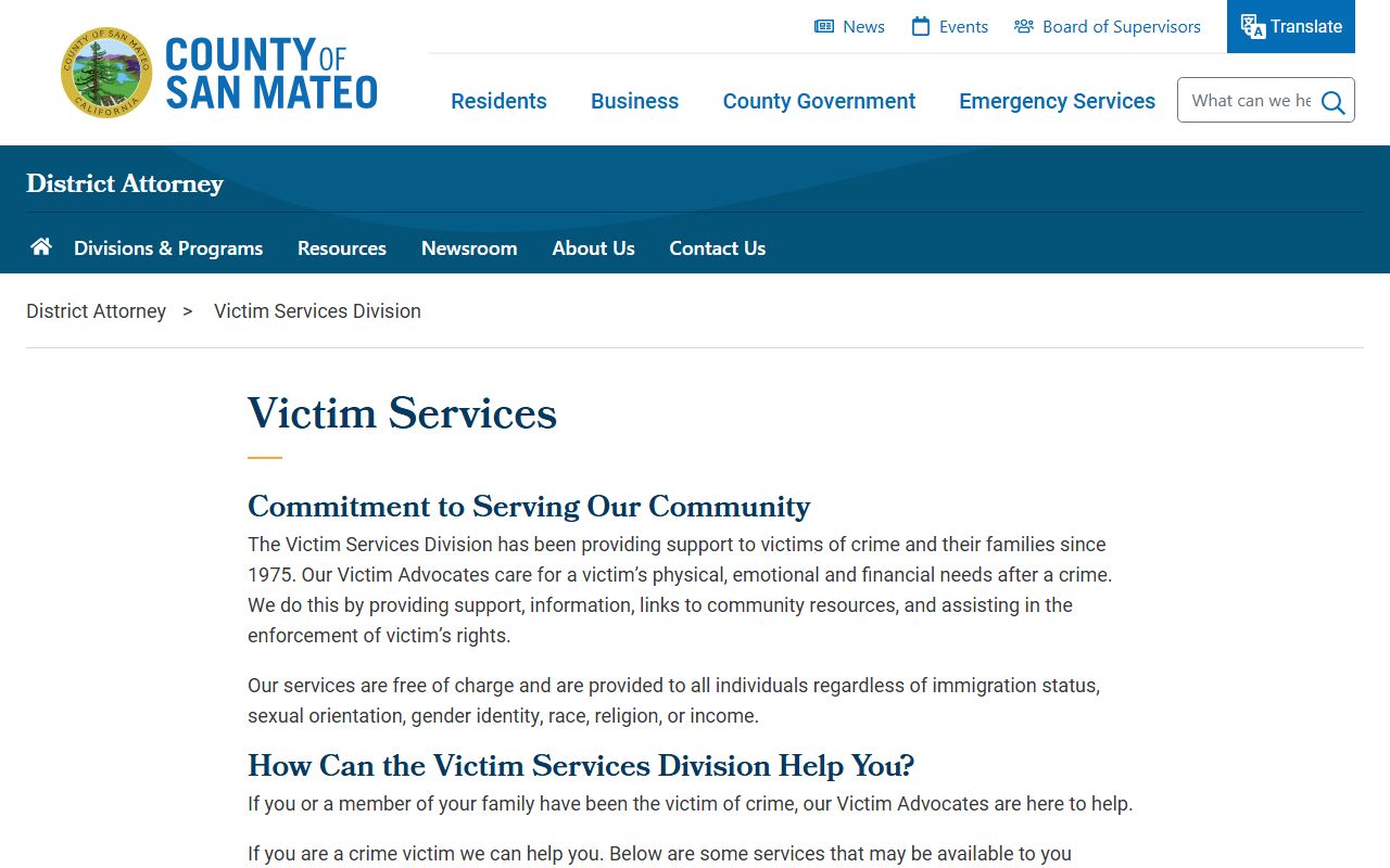 San Mateo County criminal records DA Victim Services page screenshot