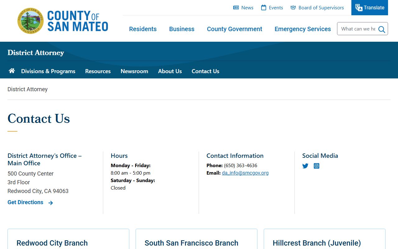 San Mateo County warrant records District Attorney contact page