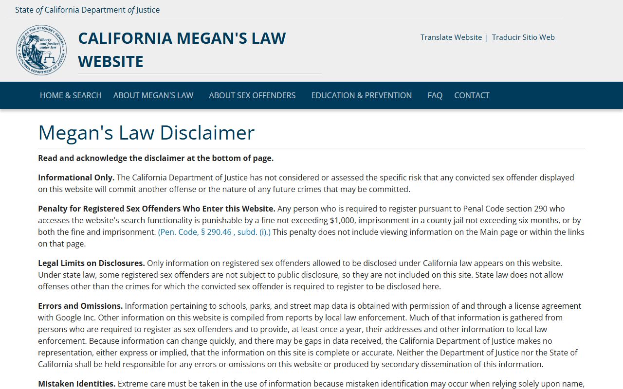 California Megan's Law registry used for San Mateo County released inmate background search