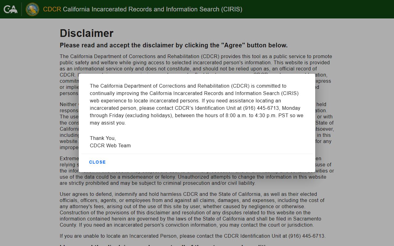 CDCR CIRIS California released inmate search page used for San Mateo County released inmates
