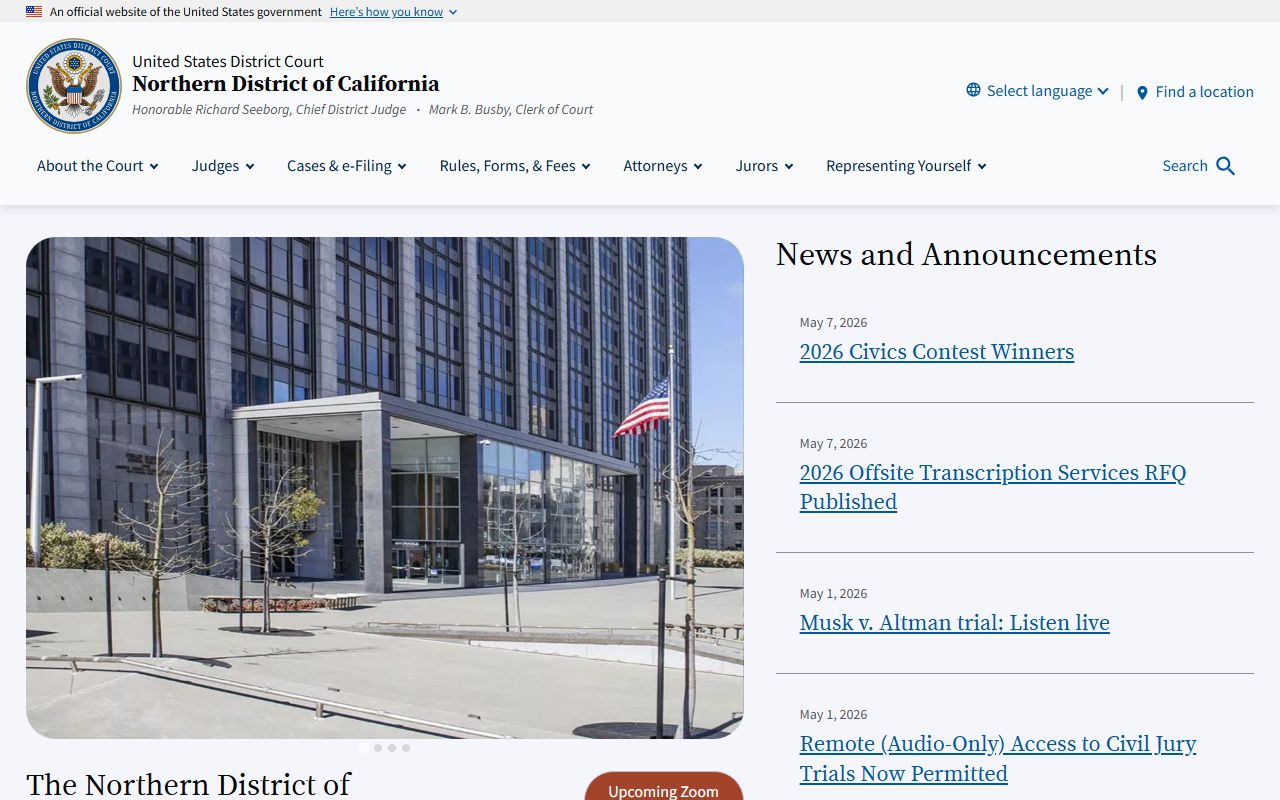San Mateo County federal court records U.S. District Court Northern District of California home page